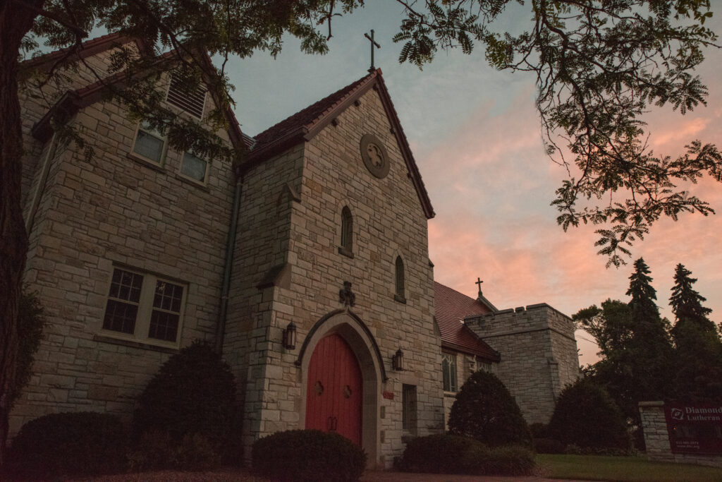 church building at sunset
